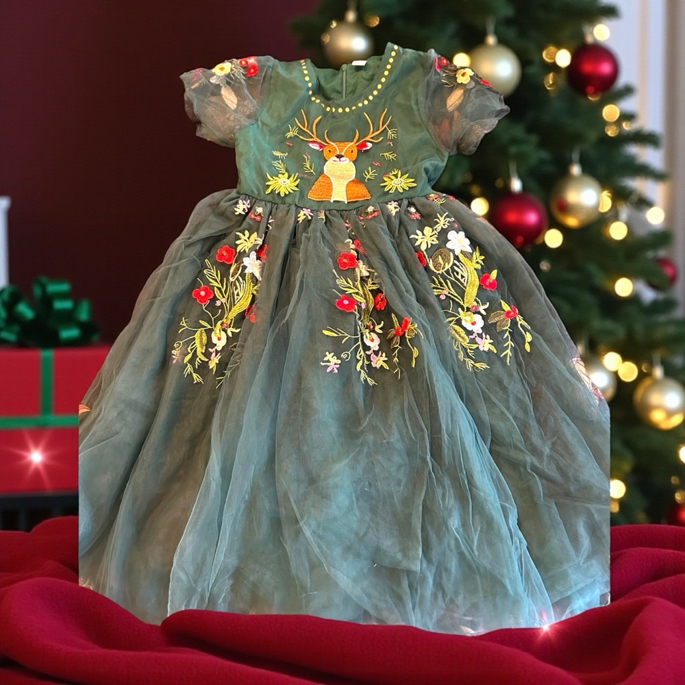 Mini Taylor Festival Reindeer Embroidery Tulle Dress